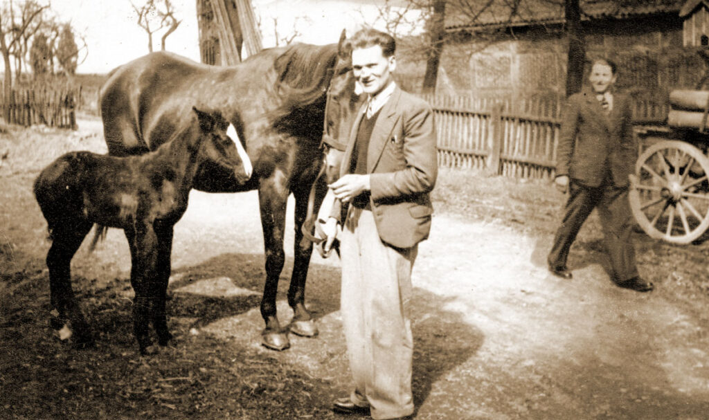 Ein Mann steht neben einem Pferd und einem Fohlen